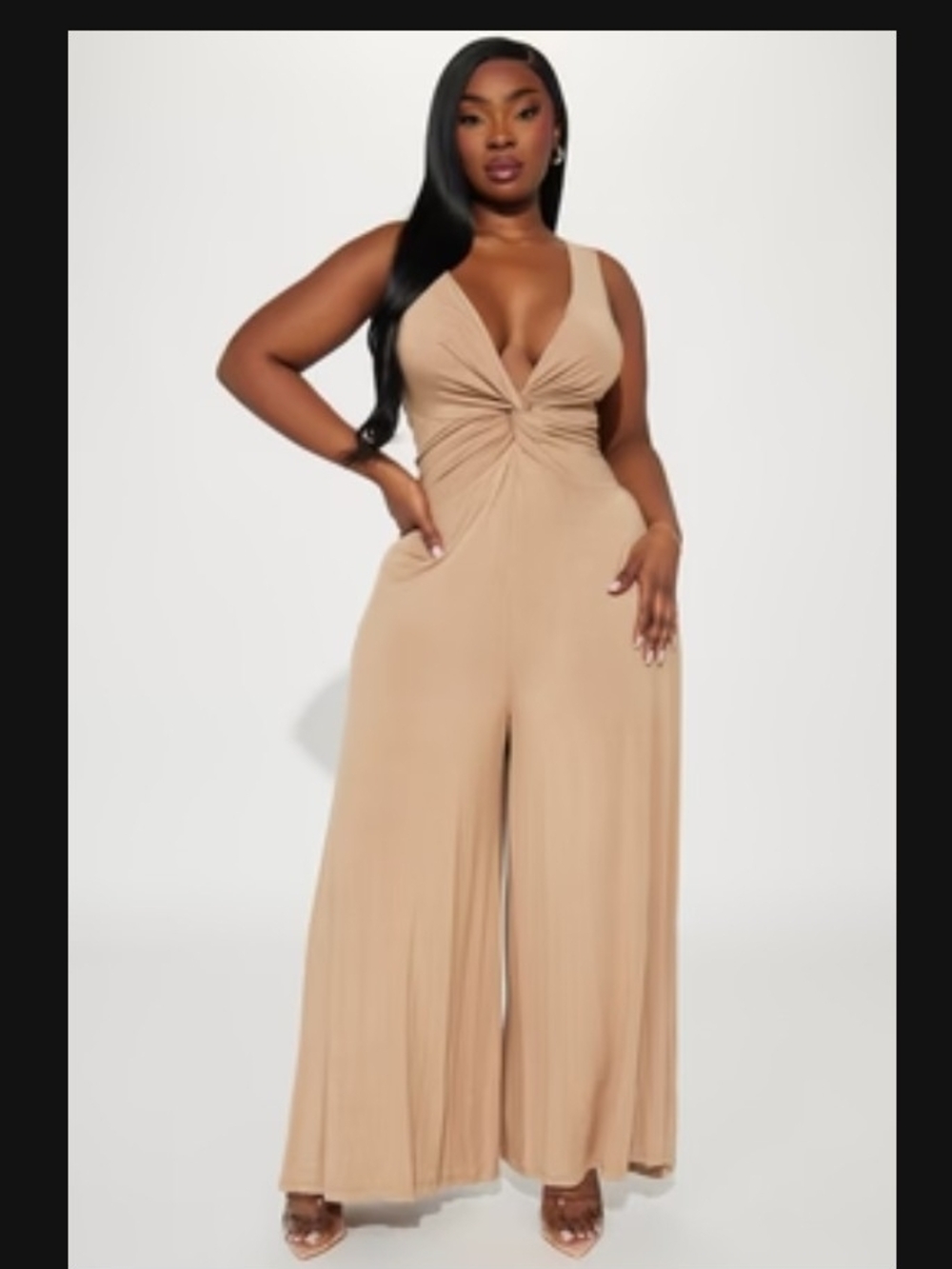 Fashion Nova Sleeveless Twist-Front Wide-Leg Jumpsuit in Tan